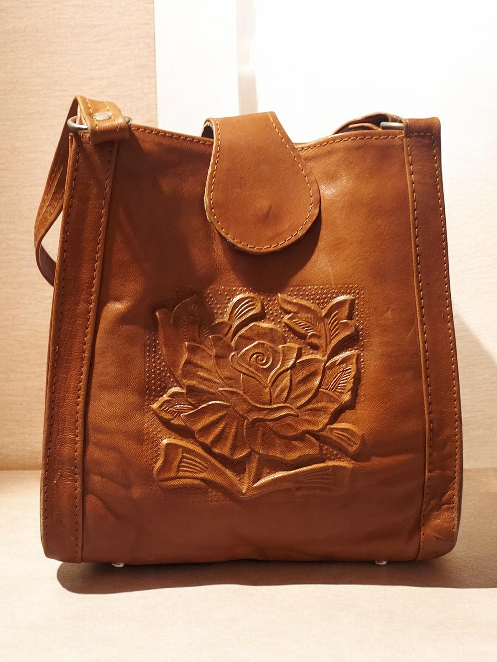 Vtg Hand Tooled Leather Floral Shoulder Bag Hecho En Mexico Tan Boho